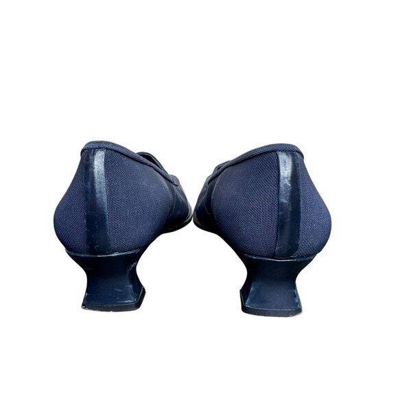 Vintage 90s Stuart Weitzman Navy Blue Square Toe Kitten Heel Loafers, Fabric - Picture 3 of 14